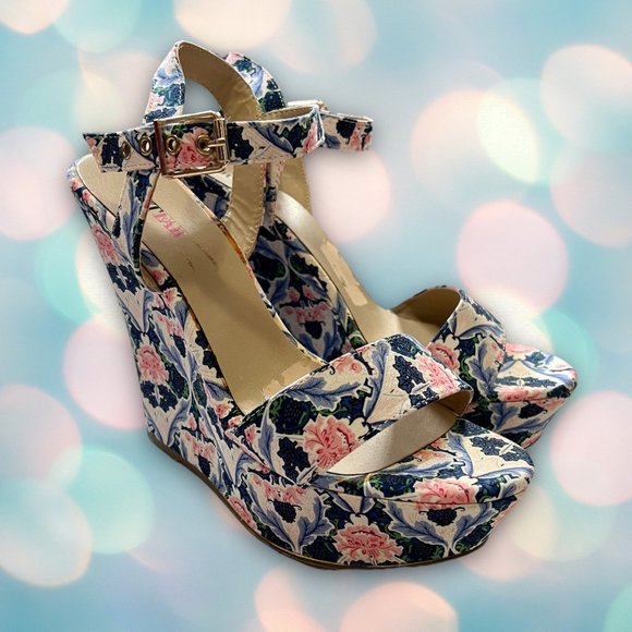 Just Fab Women’s Blue Pink Platform High Heel Floral Wedges Shoes Size 7.5 - Picture 3 of 7